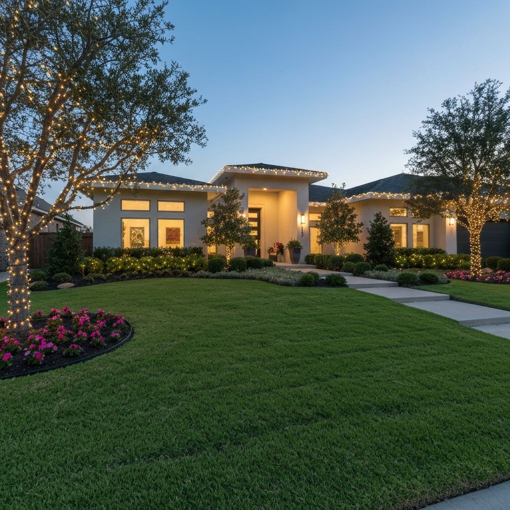 Modern Texas home with elegant Christmas light installation in Frisco