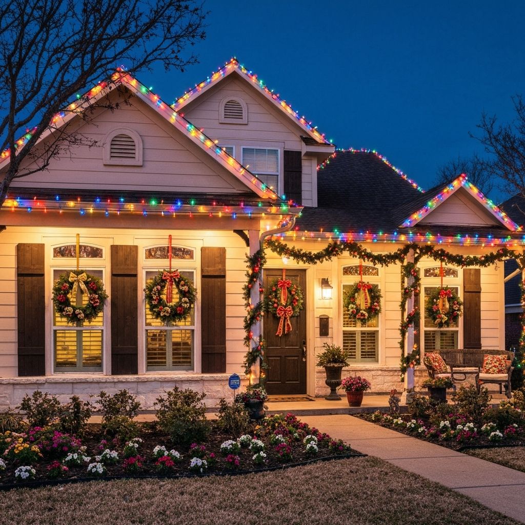 Texas home with colorful Christmas lights and wreaths in Frisco