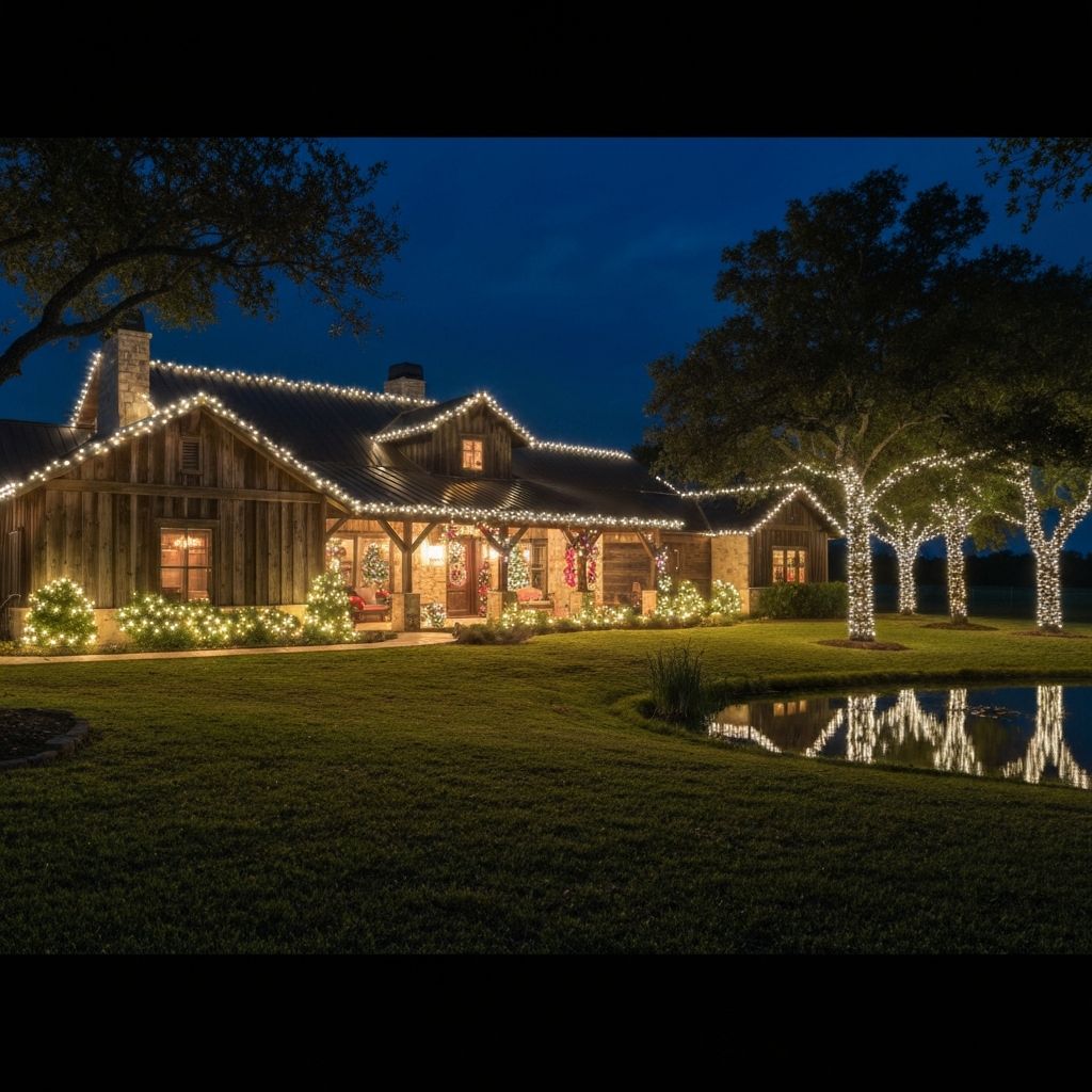 Texas ranch home with professional Christmas lights in Prosper